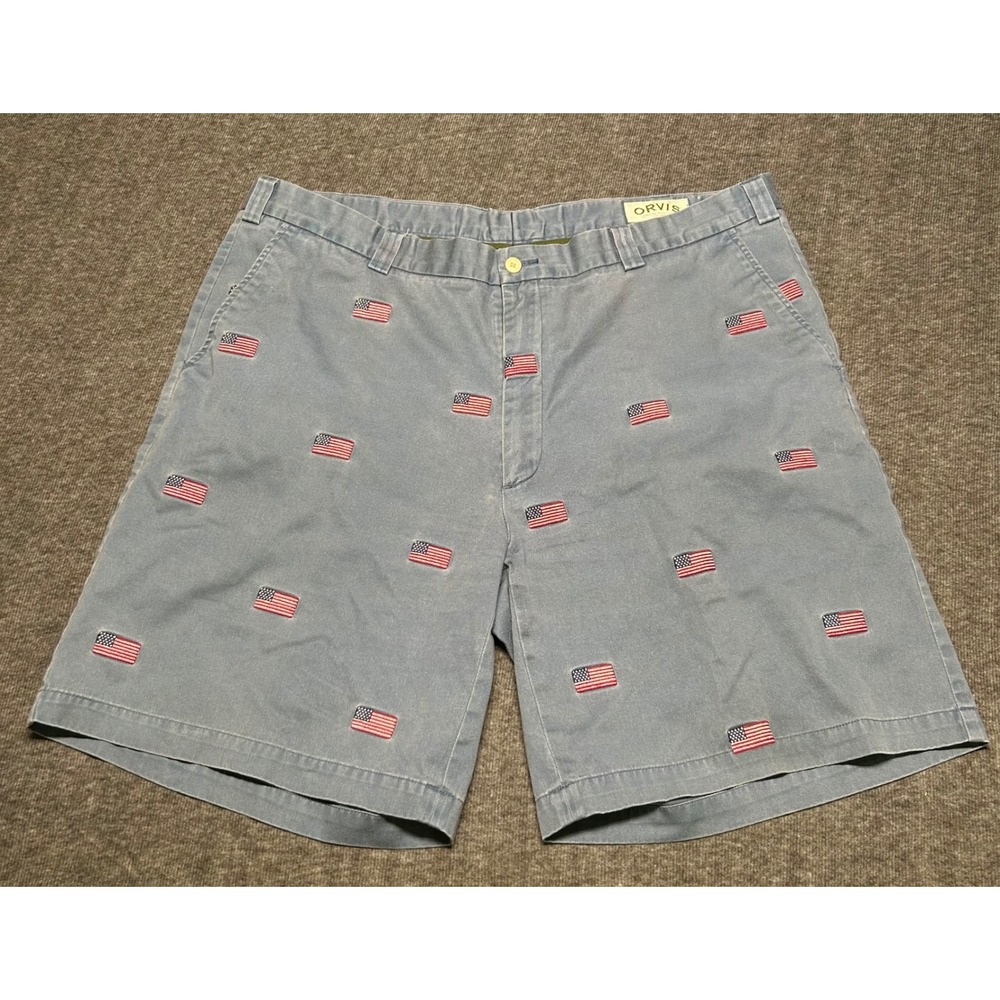 Orvis Men's Shorts US Flag Chino Flat Front Blue Golf Preppy Patriotic Size 44